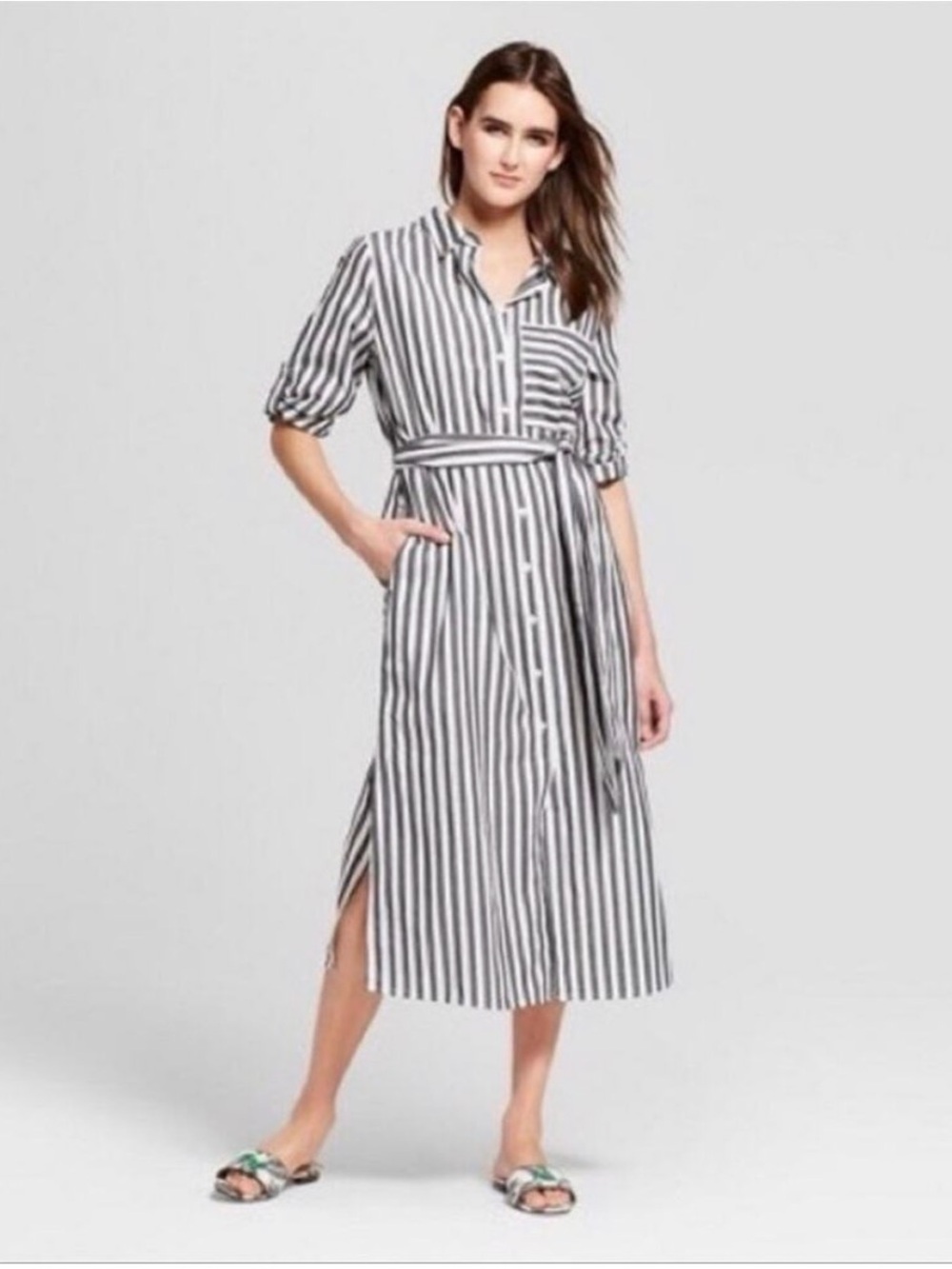 Who What Wear Blue & White Striped Midi Shirt Dress S1